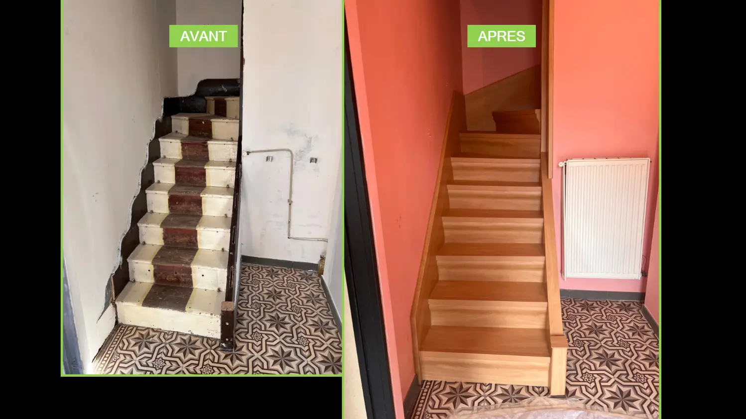 Photo d'escalier abîmé et démode rénové en escalier moderne et beau