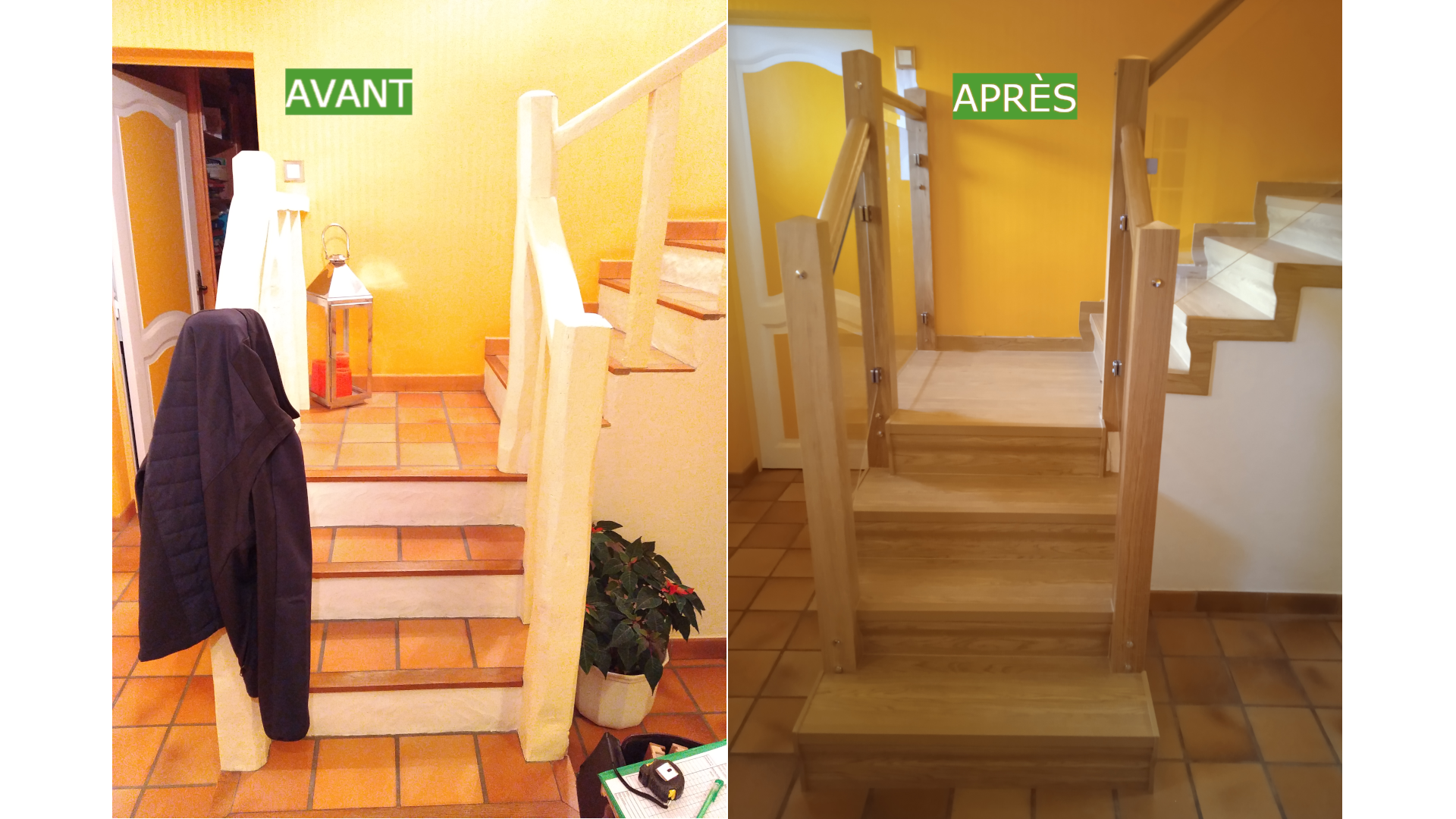 Photo d'escalier en carrelage avec garde corps avant et après rénovation complète