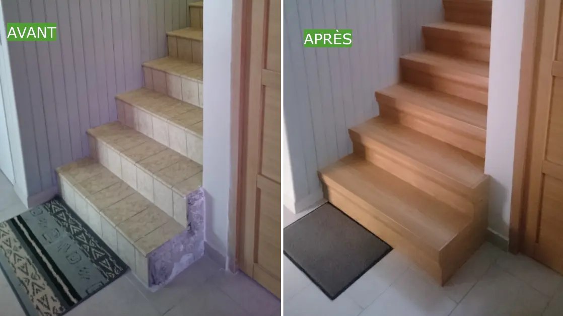 Photo d'escalier en carrelage avant et après rénovation