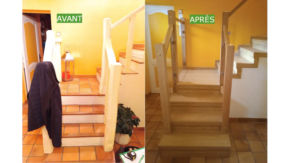 Photo d'escalier en carrelage avec garde corps avant et après rénovation complète